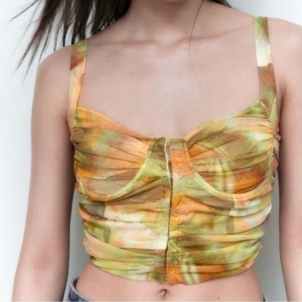 NWT ZARA Printed Tulle Cropped Wire Corset Top M